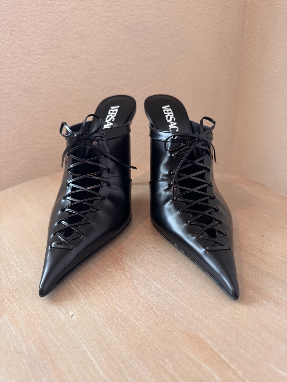 Versace Sabot 110 Black Calfskin Lace-Up Mule  - EU 39.5 - NIB - Retail $1,125